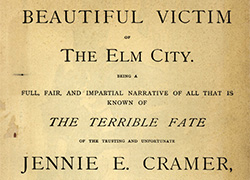 Titlepage of The beautiful victim of the Elm City: Being a full, fair, and impartial narrative of all that is known of the terrible fate of the trusting and unfortunate Jennie E. Cramer: Giving all the evidence that led the jury to hold James Malley, Jr. as her murderer, and to denounce Walter E. Malley and Blanche Douglass as aiders and abettors in this terrible social tragedy.