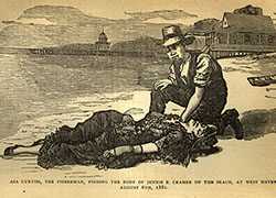 An engraving of the discovery of the body. In the background are the docks at West Haven.