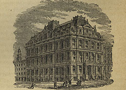 An engraving of Malley’s store building, a large four storey building on a city street corner.