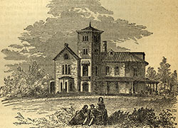 An engraving of the front of the Malley mansion. In the forefront are three people. A man and a woman are sitting while another woman stands to their left.