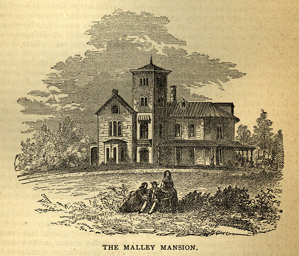 An engraving of the front of the Malley mansion. In the forefront are three people. A man and a woman are sitting while another woman stands to their left.