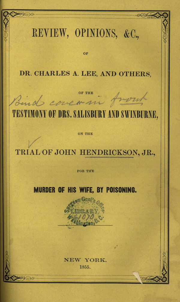 The main titlepage and yellow cover of a pamphlet with a stamp from the Surgeon General’s Office Library.