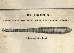 Pamphlet page summarizing contents with two sections and an illustration of a bludgeon loaded with lead