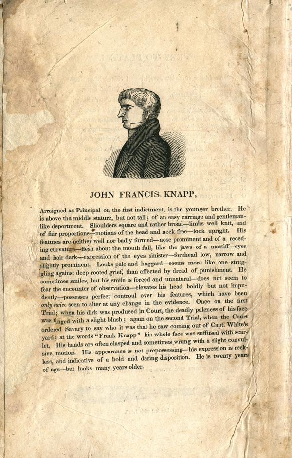 A profile portrait of John Francis Knapp in a coat with a body of text underneath.