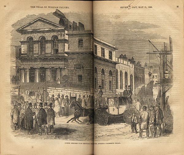 Pages 96-97 of a book, featuring an engraving of a scene before the Central Criminal Court during Palmer’s trial.