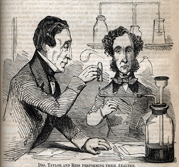 An engraved illustration of Drs. Taylor and Reese performing their forensic testing analysis in a laboratory with test tubes around them.