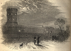 An engraving of the outside of Stafford Gaol with a few people gathered outside looking at the prison building. 