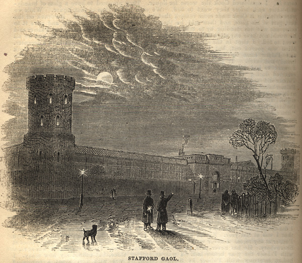 An engraving of the outside of Stafford Gaol with a few people gathered outside looking at the prison building. 