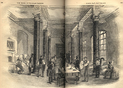 Pages 128-129 of a book, featuring an illustration of the juror's sleeping apartment in the London coffee-house. The jurors are scattered around the room in various stages of preparing for the day.