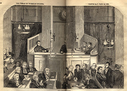 Pages 160-161 of a book, featuring an illustration of the courtroom view of the prisoner’s dock.
