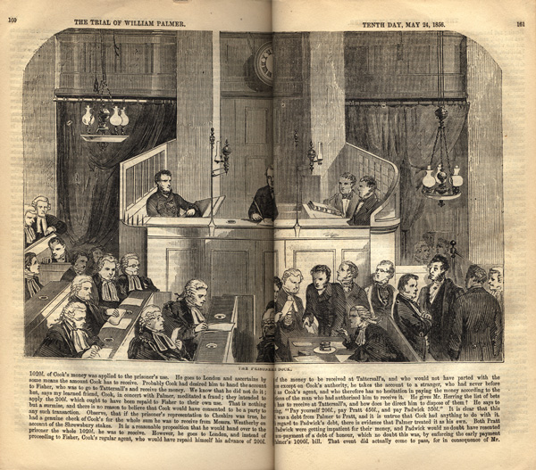 Pages 160-161 of a book, featuring an illustration of the courtroom view of the prisoner’s dock.