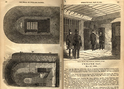Pages 176-177 of a book. Page 176 features two engravings: the top illustration is the view from the door of William Palmer's cell in Newgate from the door, while the bottom illustration is a view of the gallery leading from Newgate to the Central Criminal Court. On the upper half of page 177 is an illustration of the cells below the Central Criminal Court with four guards, while the bottom half is a section of the trial transcript.