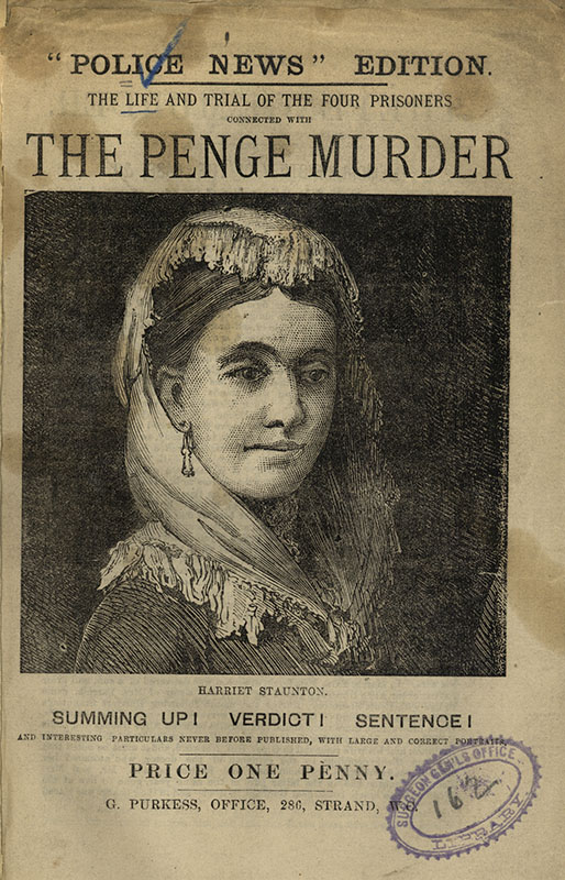 Front cover of a pamphlet, featuring a head and shoulders portrait of Harriett Staunton.