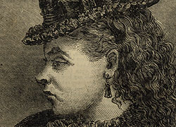 An engraving of the head and shoulders, left profile of Mrs. Patrick Staunton wearing a hat.