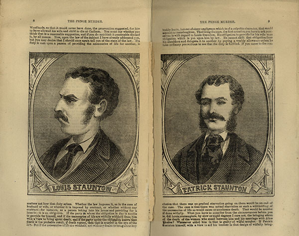 Pages 8 and 9 of The life and trial of the four prisoners connected with the Penge murder. On page 8 is an engraving of the head and shoulders, left pose of Louis Staunton. On page 9 is an engraving of the head and shoulder, left pose of Patrick Staunton.