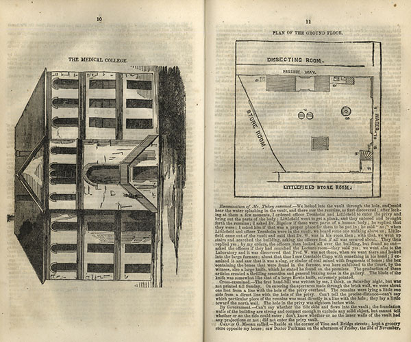 Pages 10 and 11 of a pamphlet with large engravings of the relevant scenes and text from the trial.