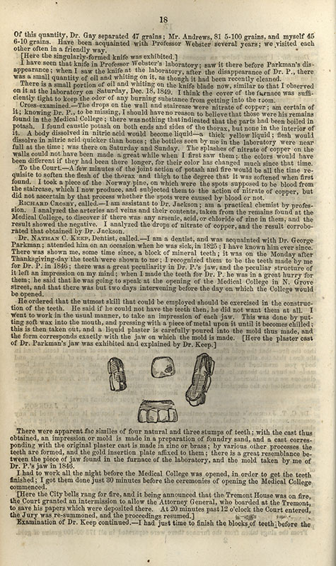 Page 18 includes trial text and four small engravings of dental bridges from Dr. Parkman’s mouth.