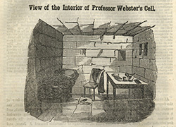 On page 74, an engraving of the view of the interior of a small stone room with a narrow bed, table, and chair..