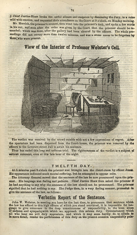 On page 74, an engraving of the view of the interior of a small stone room with a narrow bed, table, and chair..
