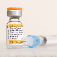 A vial of the DTaP vaccine, next to a syringe