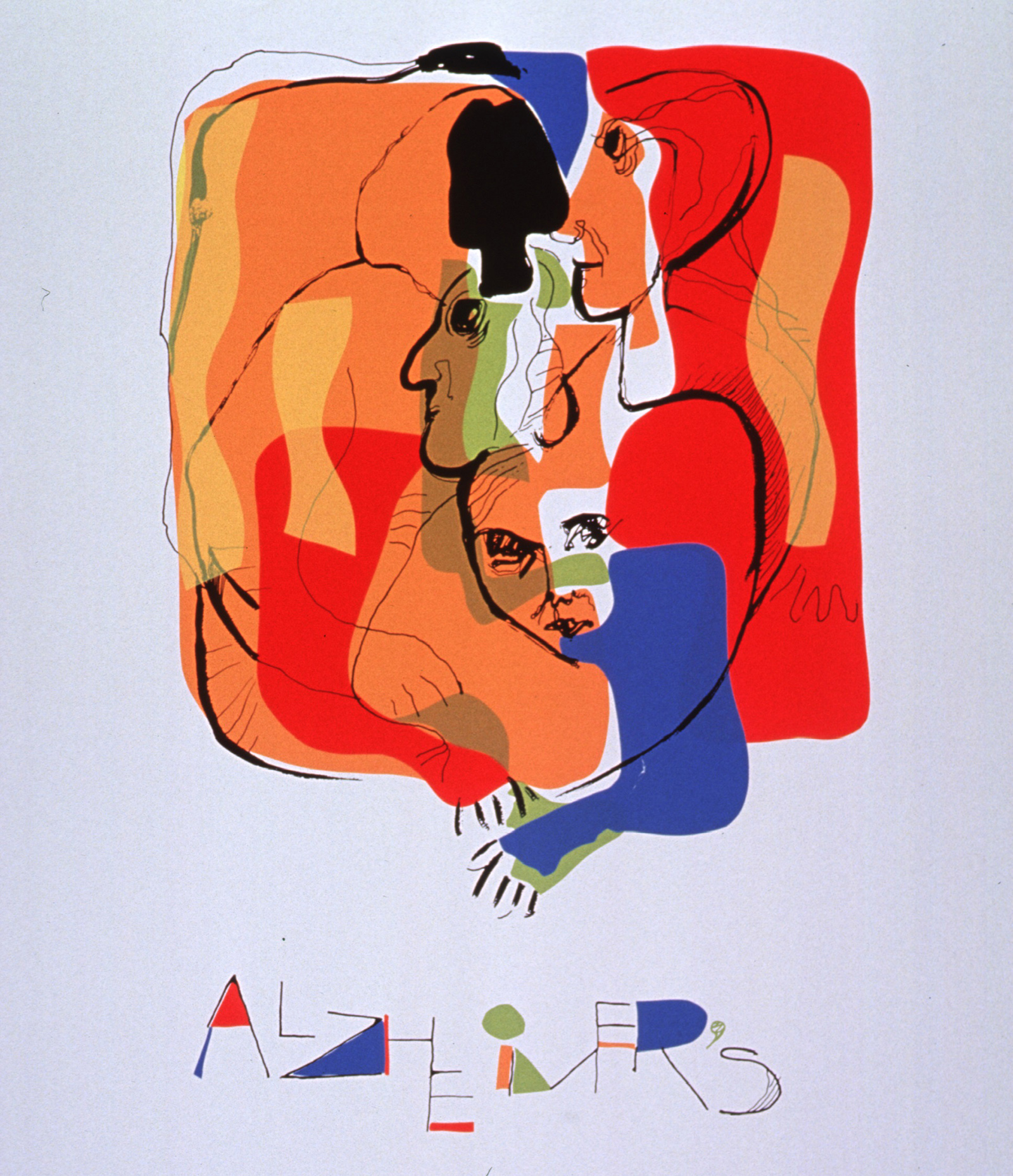 A brightly colored abstract including various faces and arms mingled together with the word ALZHEIMER'S in colorful abstract at the bottom.