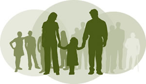 In a transparent green circle, there are dark green silhouettes of a mother and father with a daughter between them, holding their hands. There are two smaller transparent green circles behind them, to the right and left, that hold lighter green silhouettes of a crowd of people.