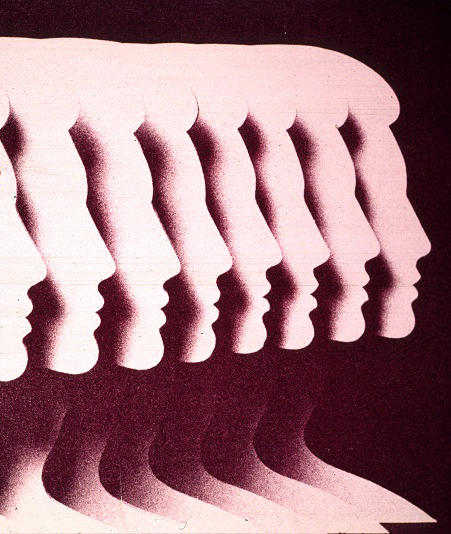 A profile silhouette of a woman duplicated eight times and placed side by side, each partially overlapping the previous silhouette