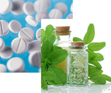 White medicine tablets on a light blue background behind corked glass medicine bottles with green plant cuttings placed around them