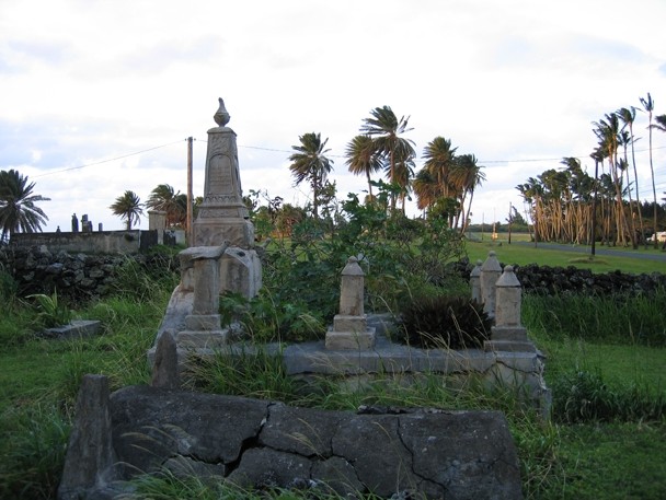Color image of a cemetery with gravestones in the foreground and palm trees in the background.