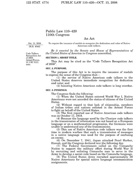 Image of the Code Talker Recognition Act with the stated purpose: "To require the issuance of medals to recognize the dedication and valor of Native American Code Talkers"