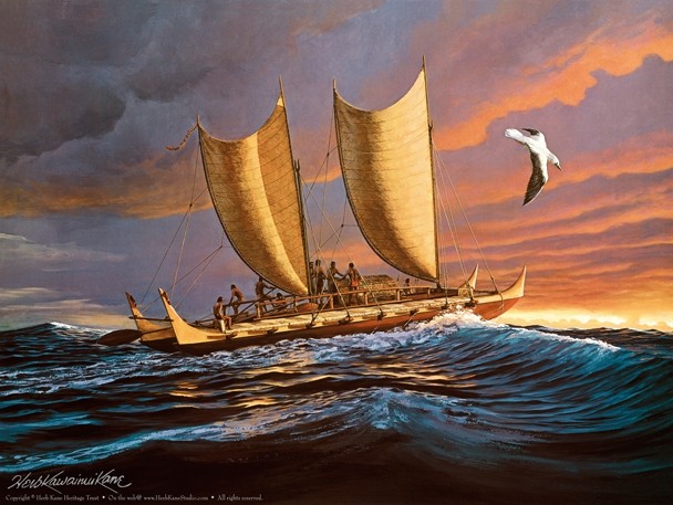 Color painting of travelers at sea aboard a double-hulled canoe with two large sails.