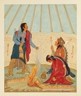 Color painting of three Native individuals, two kneeling and one standing, in front of a fire.