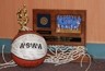 Gold-colored trophy, brown plaque with a medal and color image of a group of Native American high school girls on it, and an orange and white basketball with several signatures on its surface.