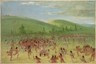 Color painting of several Native Americans playing stickball in an open field. Many teepees and green, rolling hills can be seen in the background.