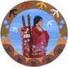 Color painting of a Native American mother with her baby, wrapped in a traditional cradleboard, strapped to her back. The border of the painting depicts thunderbirds/eagles, flowers, and a row of wigwams.