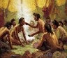 Color painting of a medicine man blessing an individual as others sit around them in a circle praying.