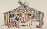 Color painting of several Native individuals participating in the Cheyenne Sun Dance, which is being performed inside of a structure made out of tree branches.