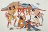 Color painting of several Natives performing the Choctaw Sick Dance around a pole structure.