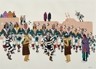 Color painting of several Native Americans dressed in ceremonial regalia while performing the Turtle Dance.