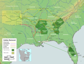 Map of the states in the American southeast depicting in various colors the routes taken by different Native American tribes during their forced relocation.