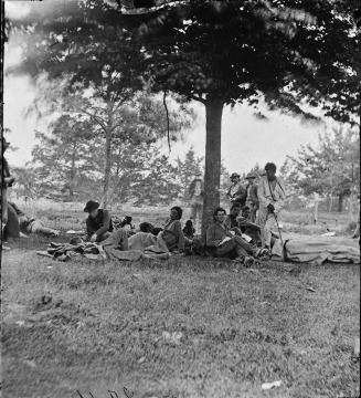 Black and white photograph of several wounded Native American men crowded beneath a tree.