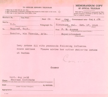 Telegram to Superintendent of the Pima Agency regarding condition of a flu patient