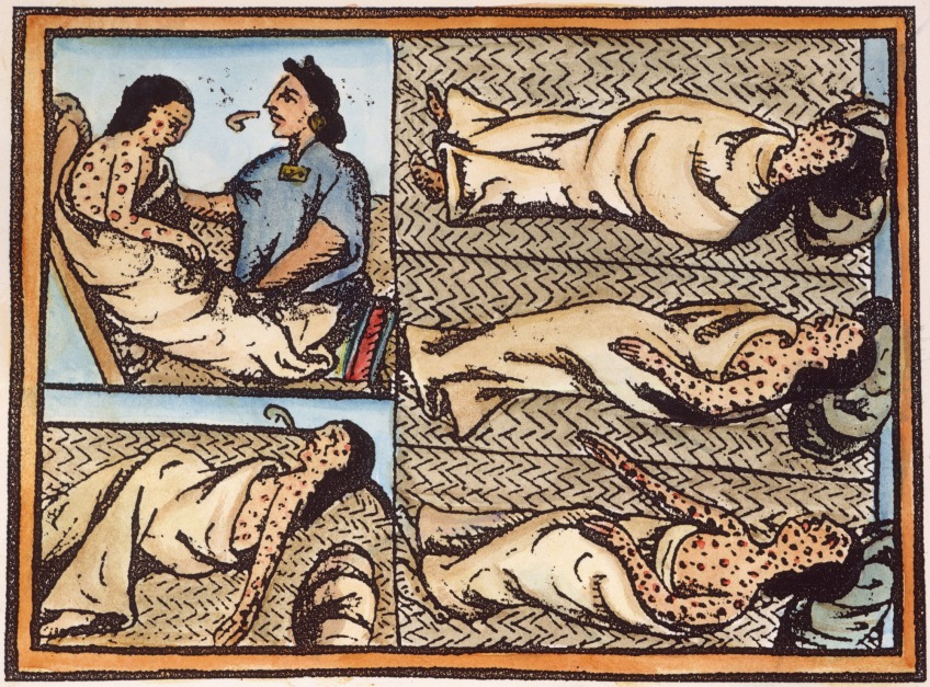 Image of a Mesoamerican infected with smallpox; illustrated panel from the Florentine Codex, a compendium of information on Aztec people and history by Bernardino de Sahagún, a 16th-century Spanish Franciscan missionary