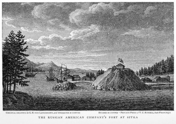 Drawing of establishment of the Russian-American Company at Norfolk, Sitka Sound, Alaska, 1805.