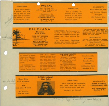 Labels of Hawaiian medicines by Hans Bode