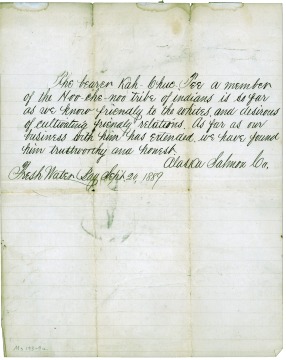 A hand-written letter from the Alaska Salmon Co., dated Sept. 24, 1889, in support of an Alaska Native receiving citizenship.