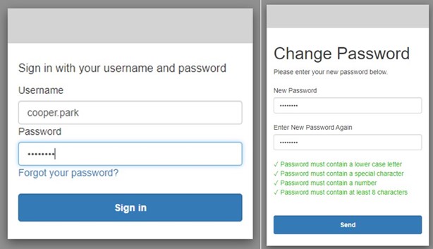 Left: sign in with the username and password provided, right: Create a new password to remember and log in with in the future
