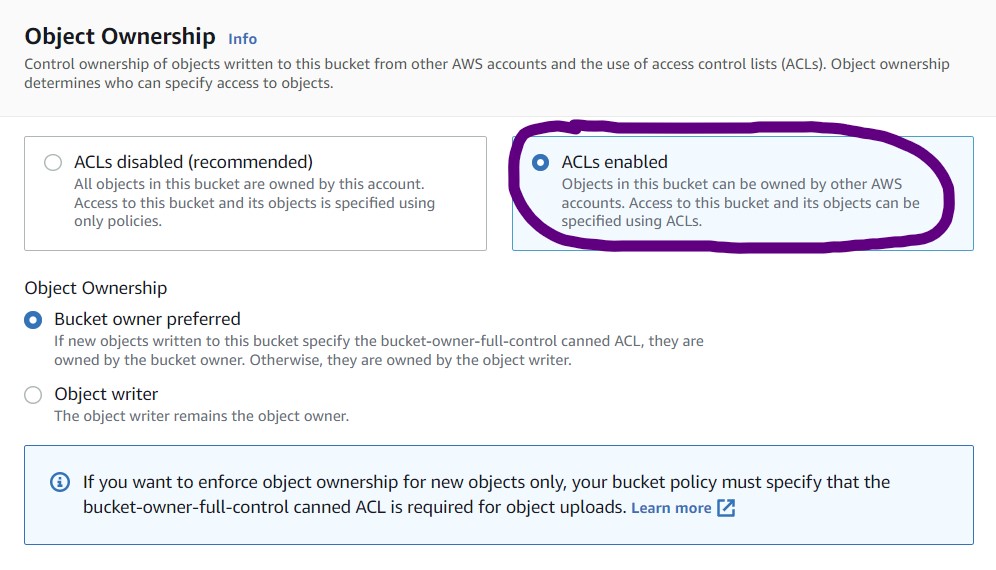 "ACLs enabled" box selected in the Object Ownership section