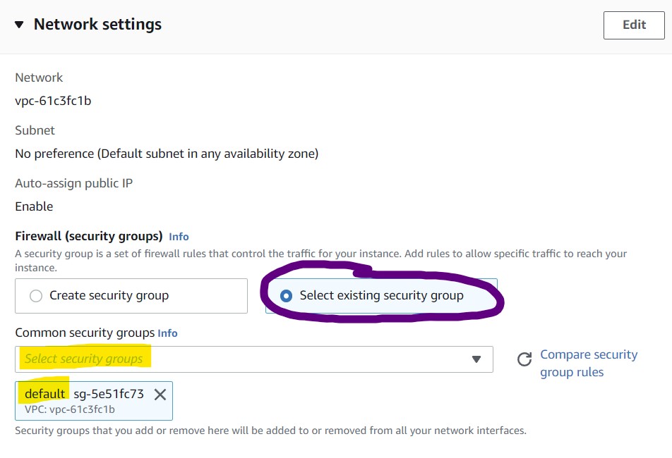 Showing the "default" security group selected in the Network Settings section