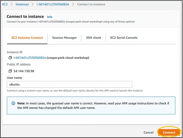Highlighting the orange "Connect" button in the bottom-right corner of the EC2 Instance Connect tab
